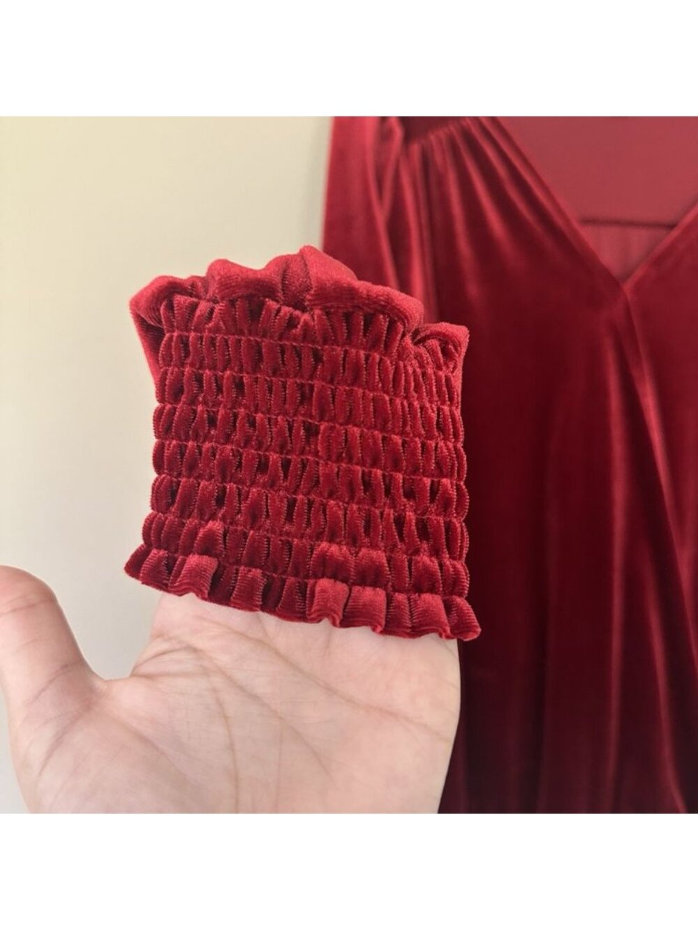 Wonderly L Red Velvet Long Sleeve Top Smocked Cuff Festive Feminine Fall Winter - Picture 4 of 8